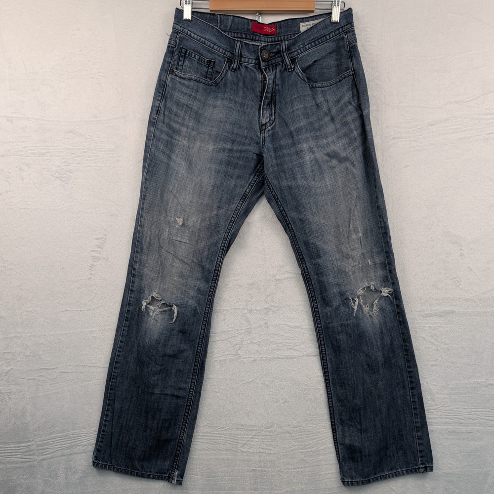 VTG Guess Jeans Men's 32 Blue Relaxed Straight Rowland Fit Distressed Skater Y2K